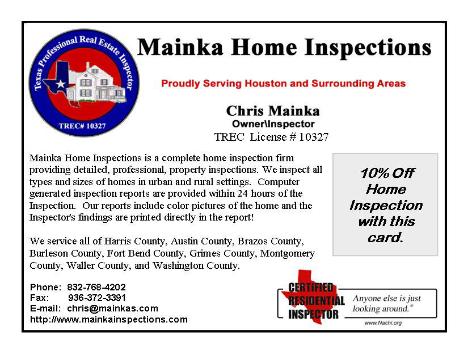 Home Inspector, Home Inspections in Houston, Cypress, Katy, Magnolia, Tomball, Waller,Woodland